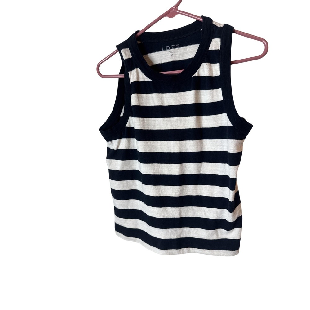 LOFT Tank Top Womens Medium Black White Stripe Crew Neck Sleeveless Jersey
